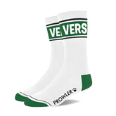 White crew socks with green accents and bold vers logo on cuff black trim and prowler brand near heel prized for comfort