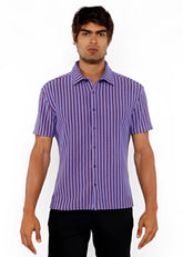 Purple and dark purple vertical stripe open stretch knit short-sleeved button-up shirt with front view