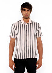 A man wearing a vertical stripe open stretch knit shirt with rib collar in black and off-white colors