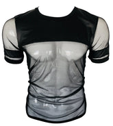 Black vinyl and mesh tee with short sleeves sheer panels and solid black trim for a stylish look