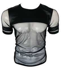 Black vinyl and mesh tee with short sleeves sheer panels and solid black trim for a stylish look