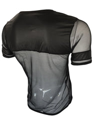 Black mesh vinyl and mesh tee showing back with short sleeves and solid black panel across shoulders and upper back