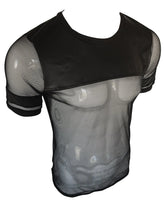 Black vinyl and mesh tee with short sleeves featuring a solid black panel across the chest and shoulders