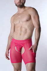 Bright pink sheer mesh briefs void chap short with bold cutout design and elastic waistband front view