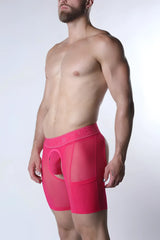 Bright pink sheer mesh boxer briefs with solid fabric waistband from the void chap short collection