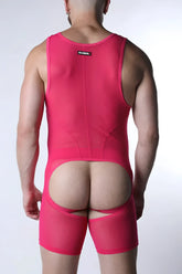 Bright pink sheer mesh void mesh bodysuit back side showing distinctive rear cutout design