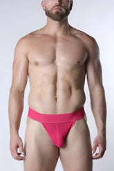 Bright pink void mesh thong briefs with form-fitting design and matching elastic waistband with embossed branding