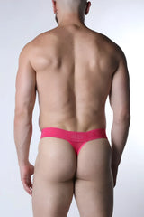 Bright pink void mesh thong with seamless design and subtle brand logo on the waistband shown from the back side