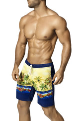 Men’s vuthy palm tree boardshorts with yellow and blue tropical pattern and navy blue waistband size m