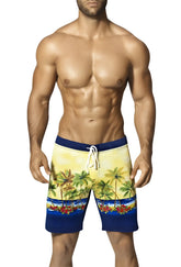 Vuthy palm tree boardshorts beachwear blue yellow medium with vibrant tropical print palm trees and flowers