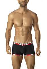 Black vuthy swim trunks with red and white plaid waistband and leg trim featuring a white circular belt loop size xl