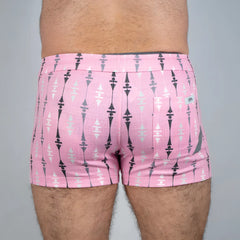 Pink wallpaper print linen texture shorts with black and white geometric pattern side pocket and small brand tag