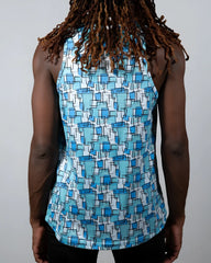 A blue and white geometric patterned sleeveless tank top called wallpaper print tank made of lightweight fabric