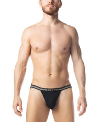 Black nastypig warm up jockstrap briefs with white striped trim designed for athletic support and comfort