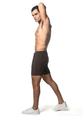 Dark brown washed denim stretch knit tailored shorts with a sleek modern design for comfortable casual wear