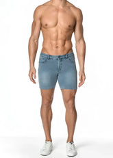 Light-wash denim stretch knit shorts with classic five-pocket design and belt loops for casual wear