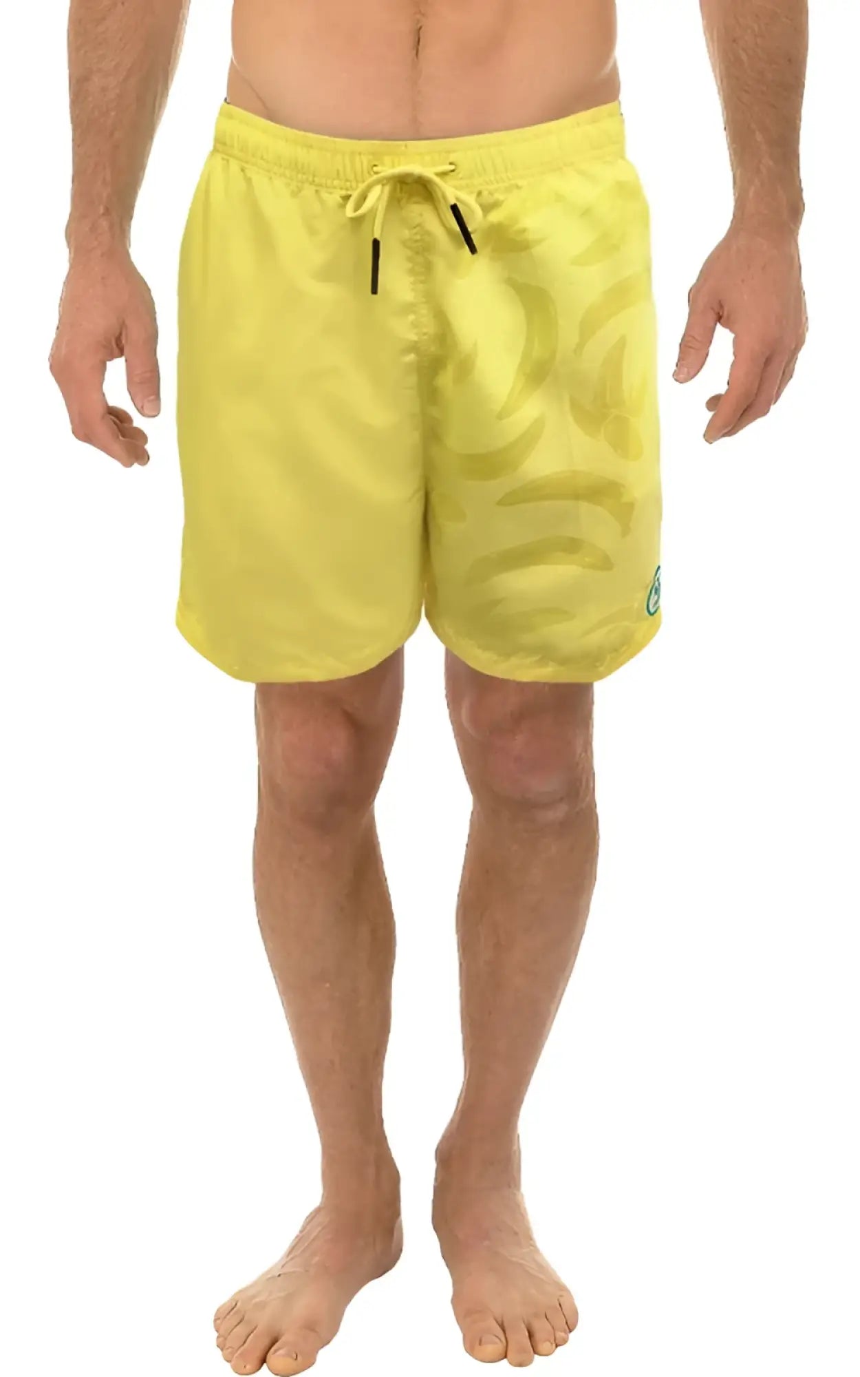 Bright yellow water activated swim shorts with subtle camouflage pattern and black drawstrings for swimming