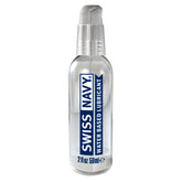 Clear glass bottle with silver pump of swiss navy water-based water based lubricant in blue text label