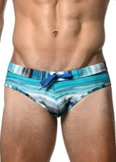 Blue and white striped watercolor stripe printed swim brief with matching blue drawstring for swimwear use