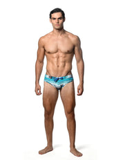 Men’s watercolor stripe printed swim brief in blue and white with tie-side closure ideal for swimming and beachwear