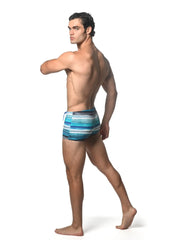 Blue and white striped watercolor stripe printed swim trunk with modern athletic cut for swimming and beachwear