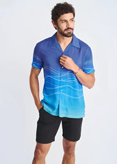 Blue gradient short-sleeved modal shirt with white wavy line pattern waves border print design