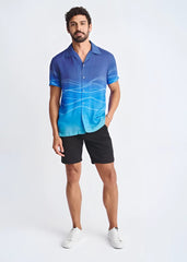 Blue gradient short-sleeved modal shirt with white wavy line pattern waves border print design