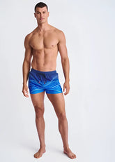 Blue waves print swim shorts with dynamic wave pattern black drawstring waistband and mesh lining for swimming
