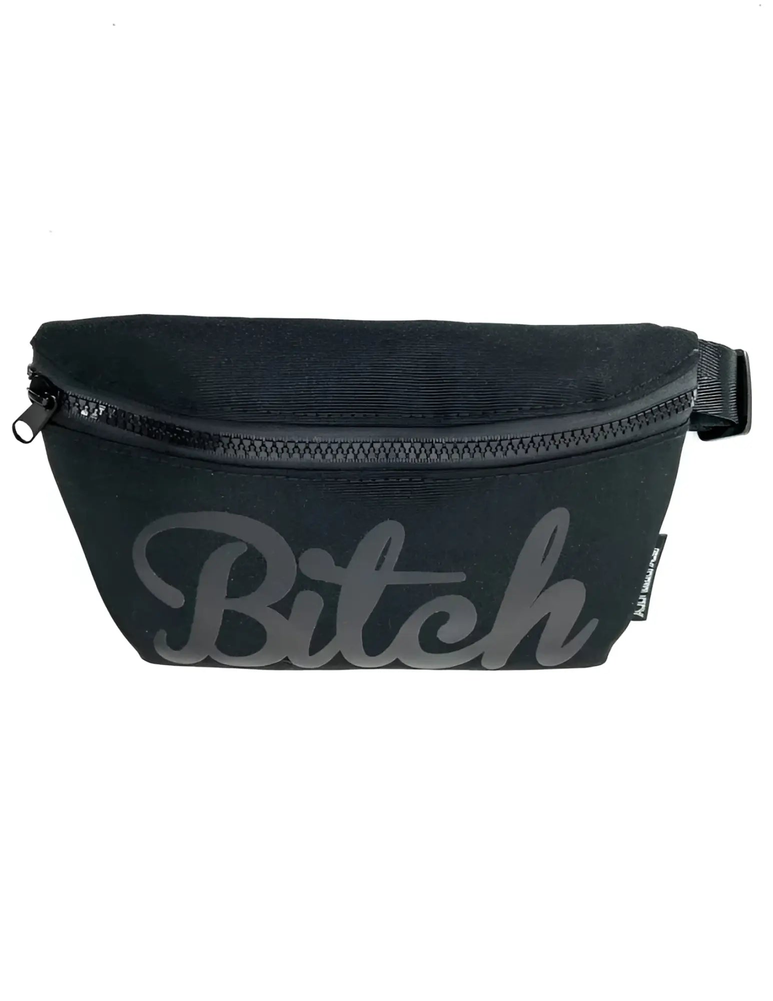 Werds ultra slim fanny pack black canvas with gray cursive bitch logo and black zipper for hands free carry