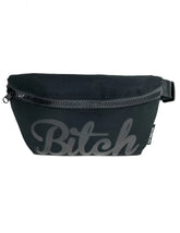 Werds ultra slim fanny pack black canvas with gray cursive bitch logo and black zipper for hands free carry