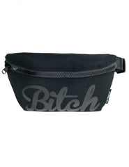 Werds ultra slim fanny pack black canvas with gray cursive bitch logo and black zipper for hands free carry