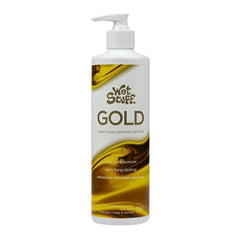 White pump bottle of wet stuff gold water-based personal lubricant with gold and amber swirl design 550 g size one size