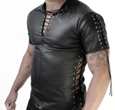 Black leather lace-up short sleeved shirt with silver eyelets and reinforced arm detailing size m