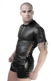 Black leather whip it multi lace short sleeved shirt and matching shorts with silver eyelets size m