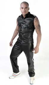 Black leather perforated sleeveless vest with button closures and flap pockets whip it size m