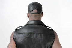 Black leather vest whip it perforated pocket sleeveless muscle shirt with textured front and adjustable shoulder straps