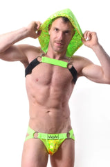Neon green sequined hood harness set with black straps and metallic rings for edgy fashion statements