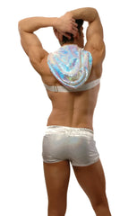 Back view of whoreness sequin hood harness shiny holographic hooded backpiece over silver metallic bra and shorts
