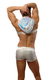 Back view of whoreness sequin hood harness shiny holographic hooded backpiece over silver metallic bra and shorts