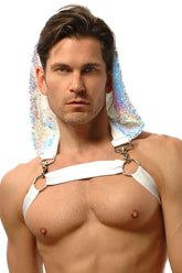 White harness featuring an iridescent sequined hood designed as a statement accessory for bold fashion looks