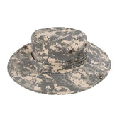 A gray and beige digital camouflage wide brim camo boonie hat designed for outdoor use and sun protection