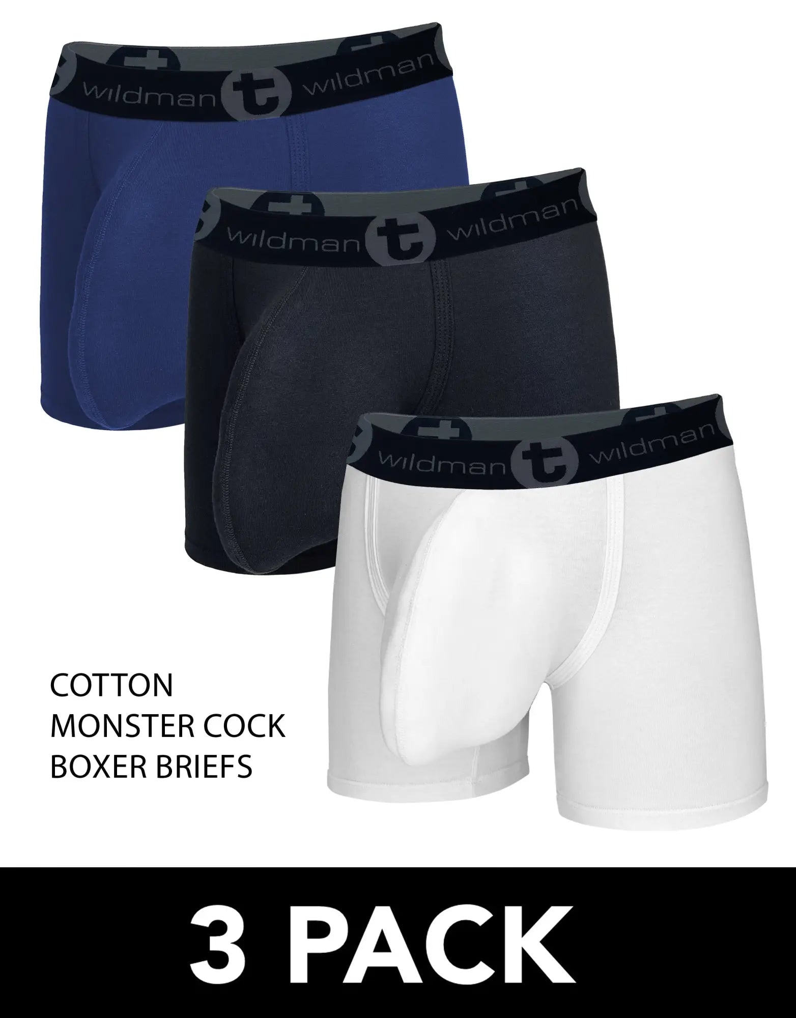 Wildmant 3-pack cotton boxer briefs in blue black and white with supportive design and 5 inch inseam