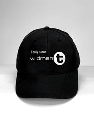Black WildmanT ball cap with white embroidered I only wear WildmanT text and circular t logo on front