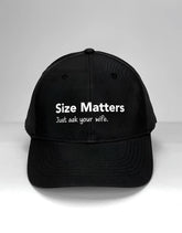 Wildmant ball cap size matters just ask your wife black cotton baseball hat with white embroidered text
