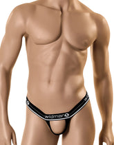 Black and white wildman brand thong with central cutout design for lifting and support in wildmanT the ball lifter black
