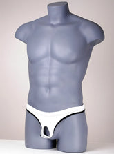 Wildmant the ball lifter protruder 2 white thong with black trim on gray mannequin front view