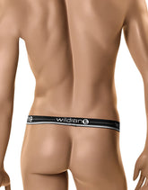 Black elastic waistband with white wildian branding and logo on a mannequin from wildmant the ball lifter protruder black