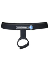 Black elastic strap with looped end and wildmanT logo for ball lifter sport protruder use