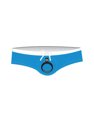 Wildmant banned swim trunks in blue with white waistband and black ball lifter cock-ring detail at front
