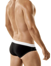 Black briefs with white waistband and contrasting stitching featuring ball lifter cock-ring by wildmant banned swim